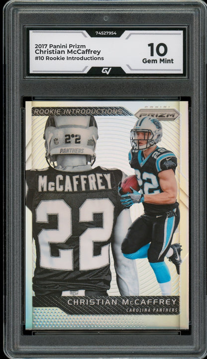 2017 Panini Prizm #10 Christian McCaffrey Rookie Introductions Rookie Card RC Graded 10 Gem Mint - Front