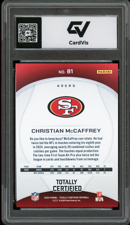 2024 Panini Totally Certified #81 Christian McCaffrey Graded 10 Gem Mint - Back