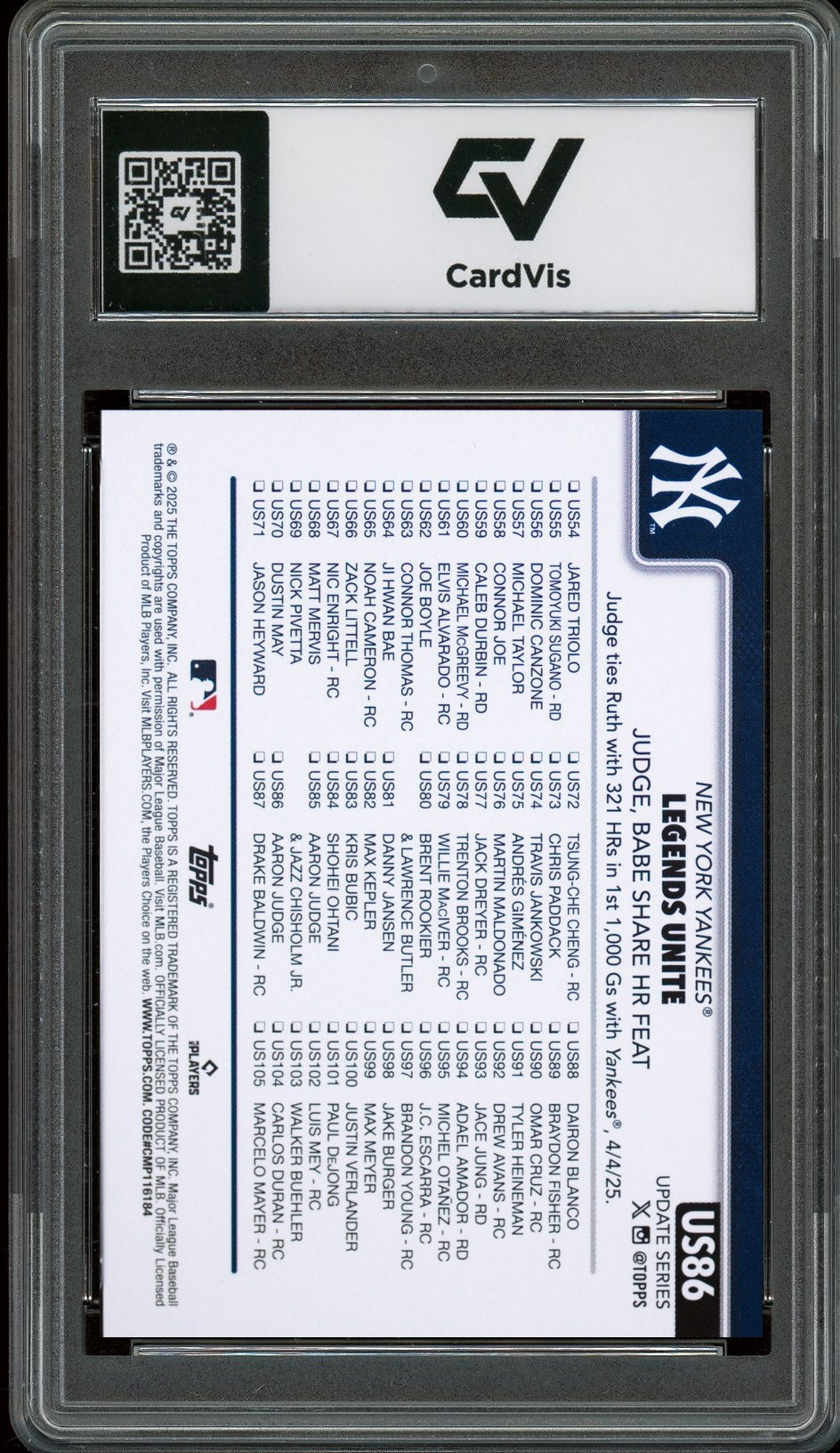 2025 Topps Update #86 Aaron Judge Graded 10 Gem Mint - Back