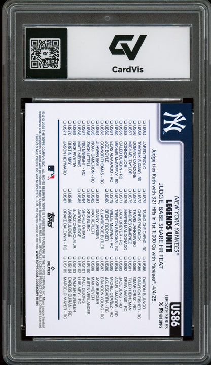 2025 Topps Update #86 Aaron Judge Graded 10 Gem Mint - Back