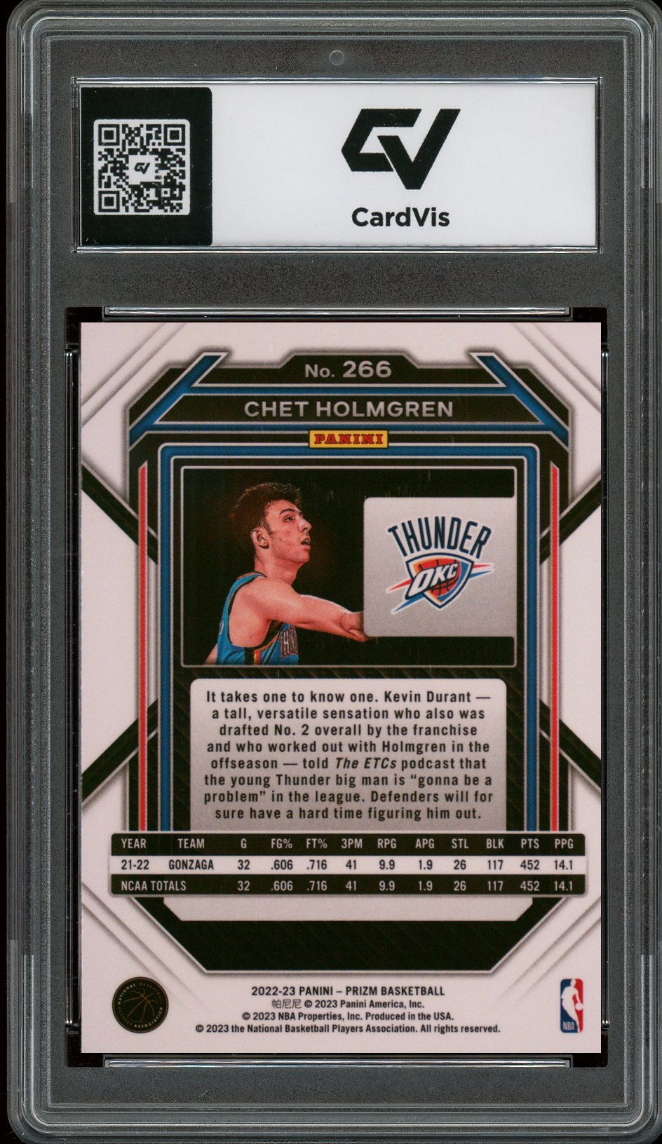 2022 Panini Prizm #266 Chet Holmgren Rookie Card RC Graded 10 Gem Mint - Back