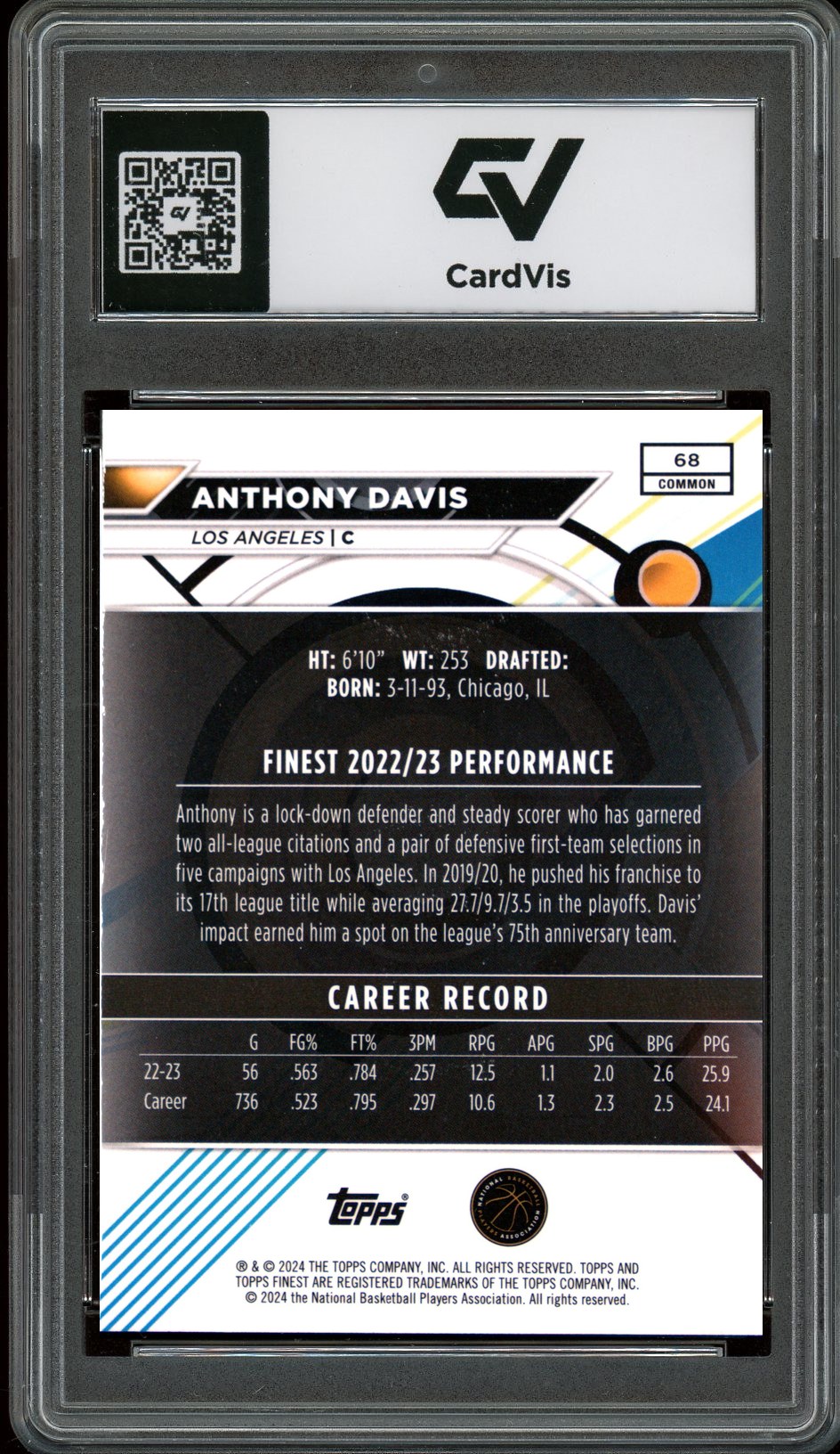 2023 Topps Finest #68 Anthony Davis Graded 10 Gem Mint - Back