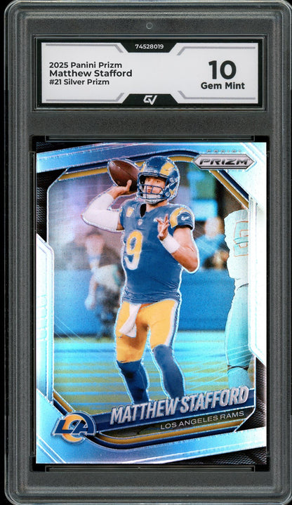 2025 Panini Prizm #21 Matthew Stafford Silver Prizm Graded 10 Gem Mint - Front