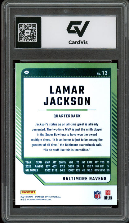 2024 Panini Donruss Optic #13 Lamar Jackson Graded 10 Gem Mint - Back