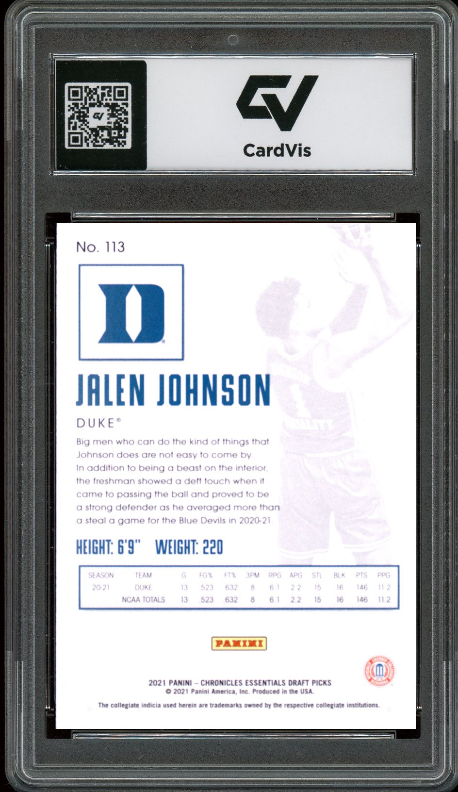2021 Panini Chronicles Draft Picks #113 Jalen Johnson Rookie Card RC Graded 10 Gem Mint - Back