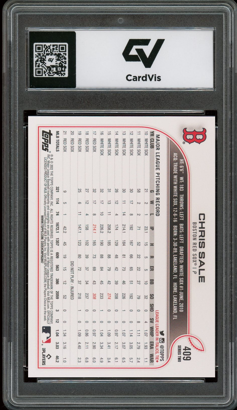 2022 Topps #409 Chris Sale Graded 10 Gem Mint - Back