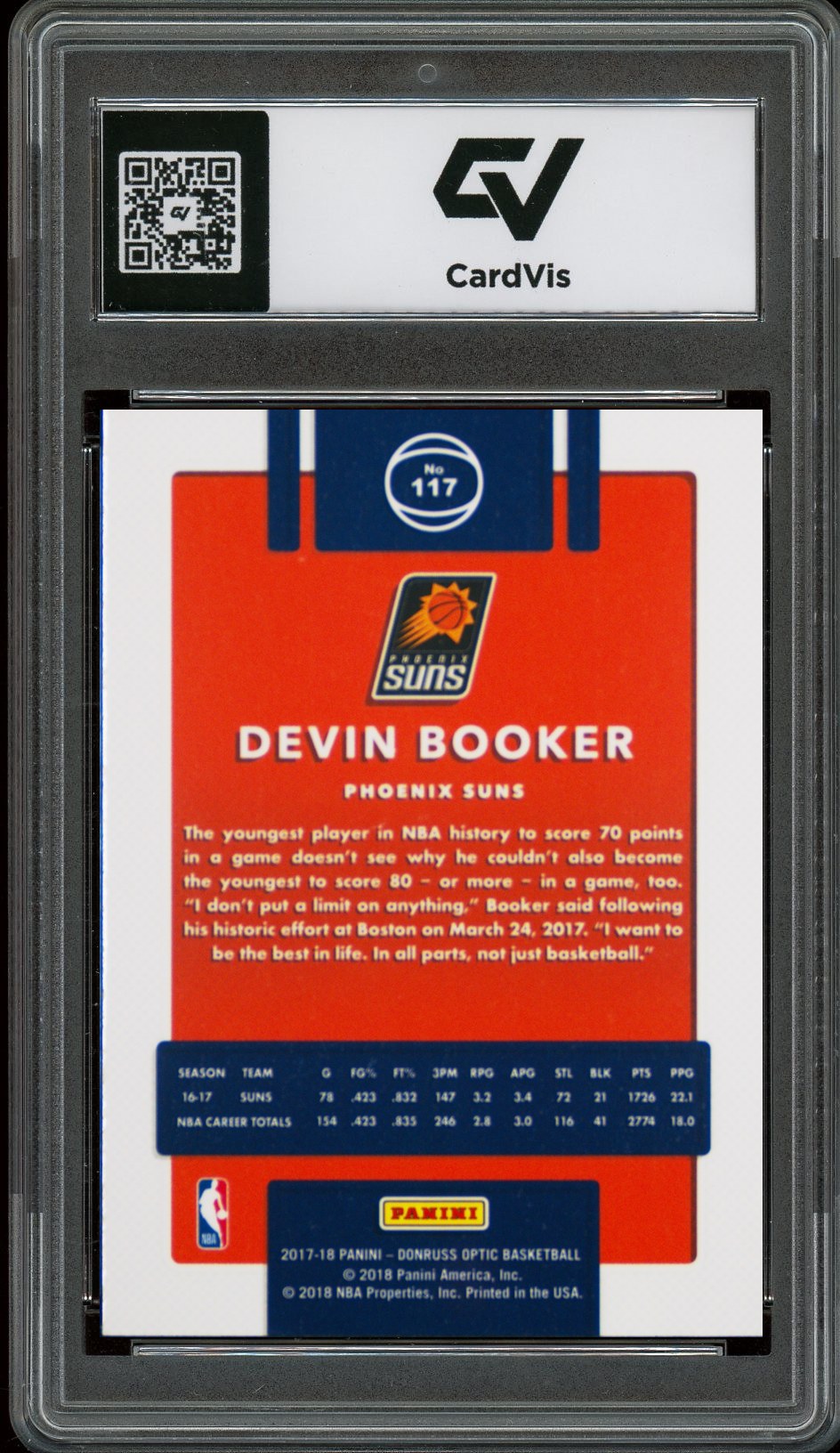 2017 Panini Donruss Optic #117 Devin Booker Graded 10 Gem Mint - Back