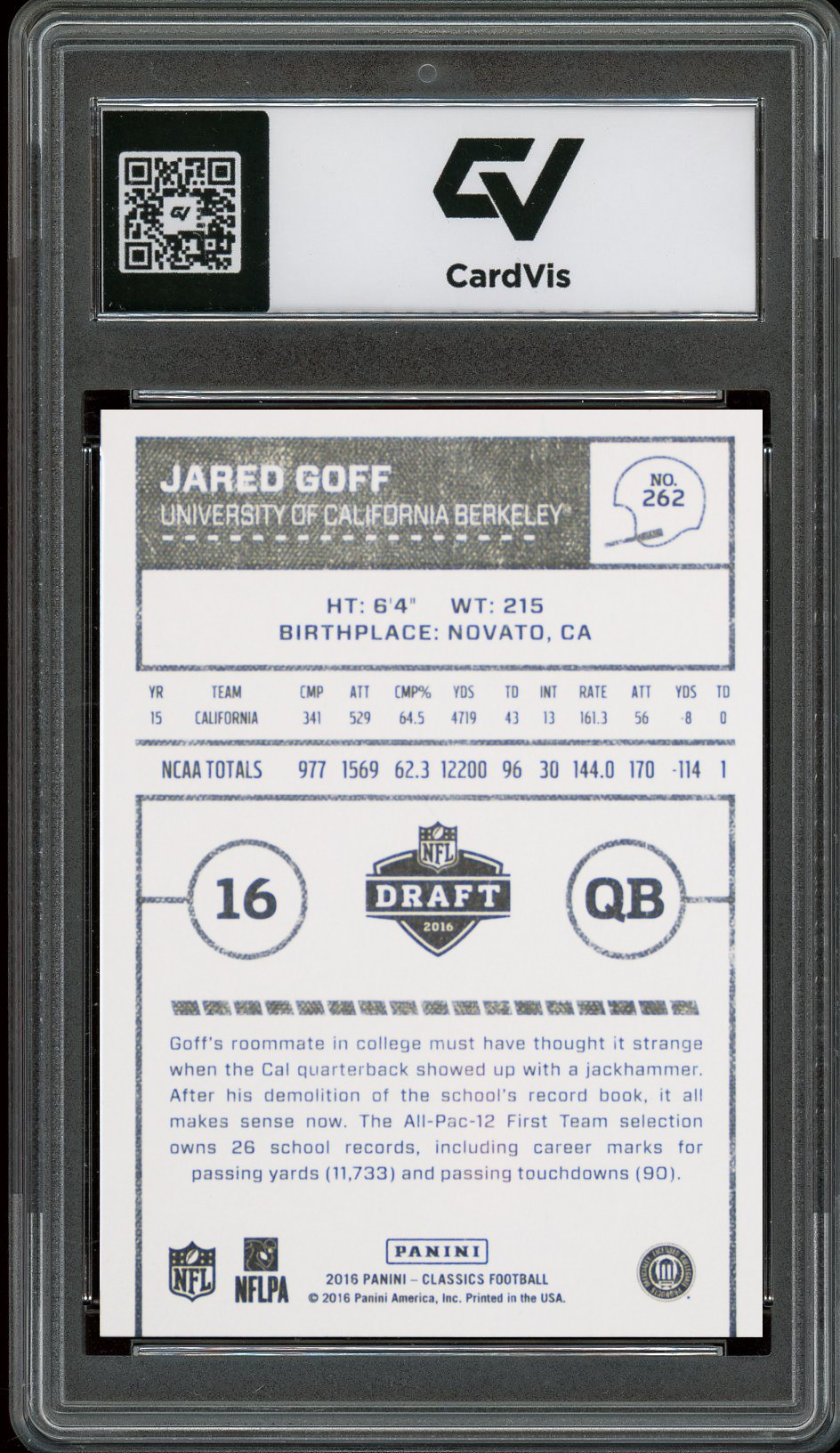 2016 Panini Classics #262 Jared Goff Rookie Card RC Graded 10 Gem Mint - Back