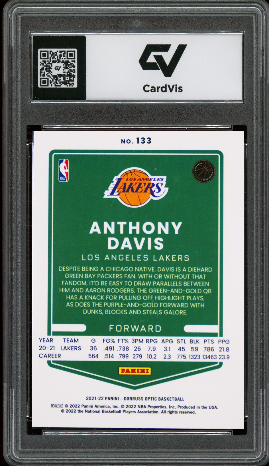 2021 Panini Donruss Optic #133 Anthony Davis Graded 10 Gem Mint - Back