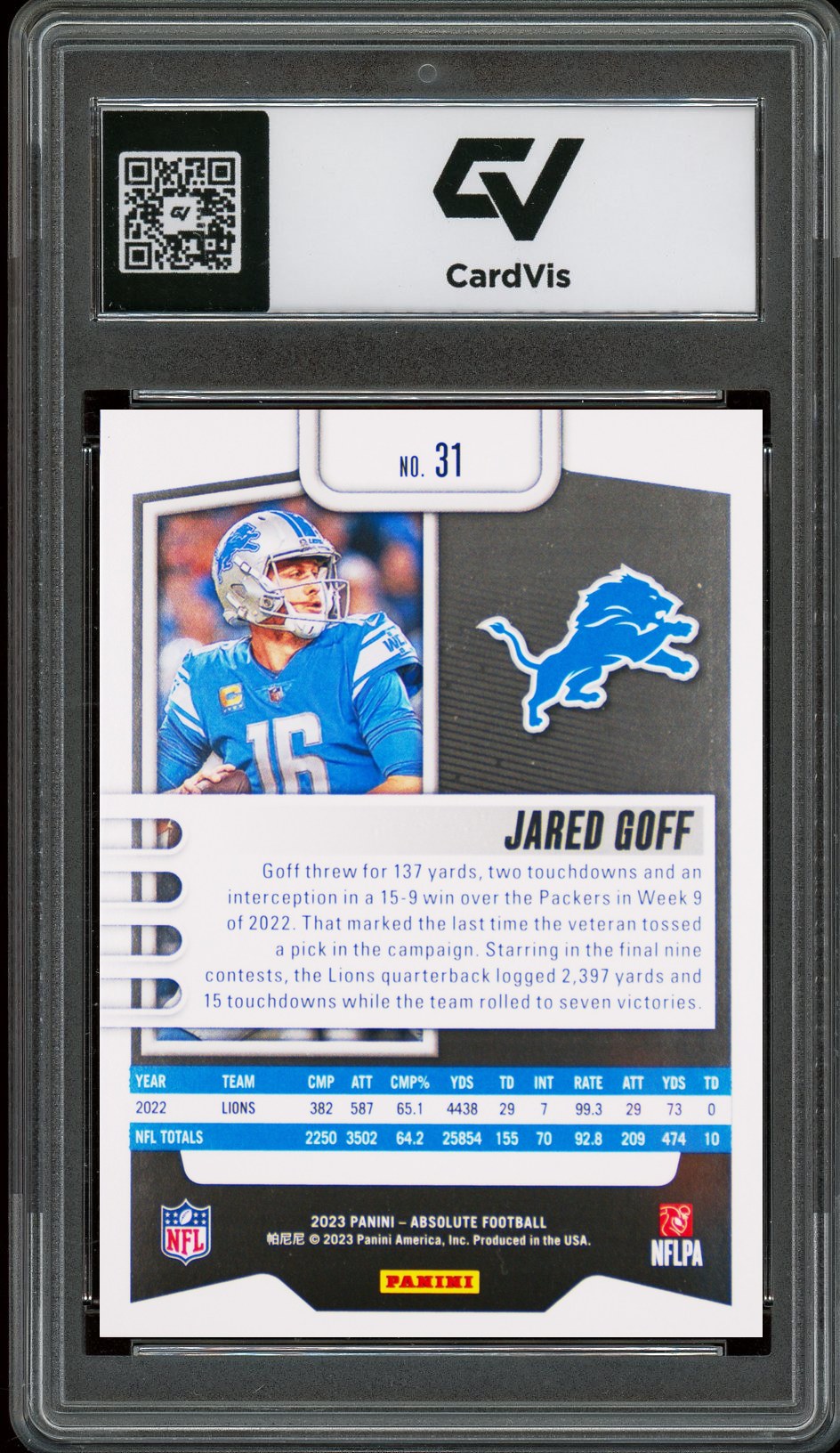 2023 Panini Absolute #31 Jared Goff Graded 10 Gem Mint - Back