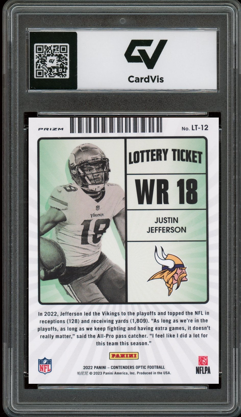 2022 Panini Contenders Optic #LT-12 Justin Jefferson Lottery Ticket Graded 10 Gem Mint - Back