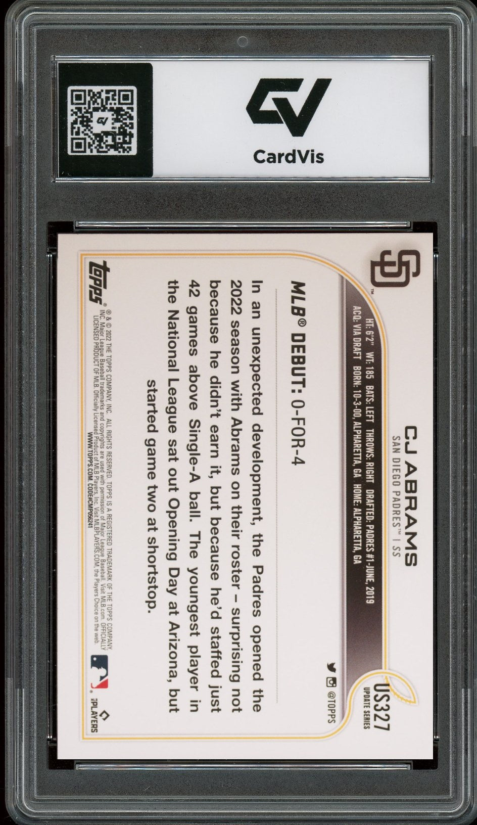 2022 Topps Update #US327 CJ Abrams Graded 10 Gem Mint - Back