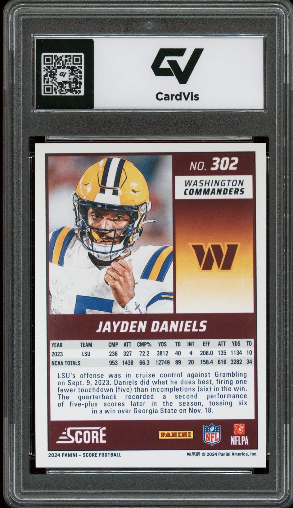 2024 Panini Score #302 Jayden Daniels Rookie Card RC Graded 10 Gem Mint - Back