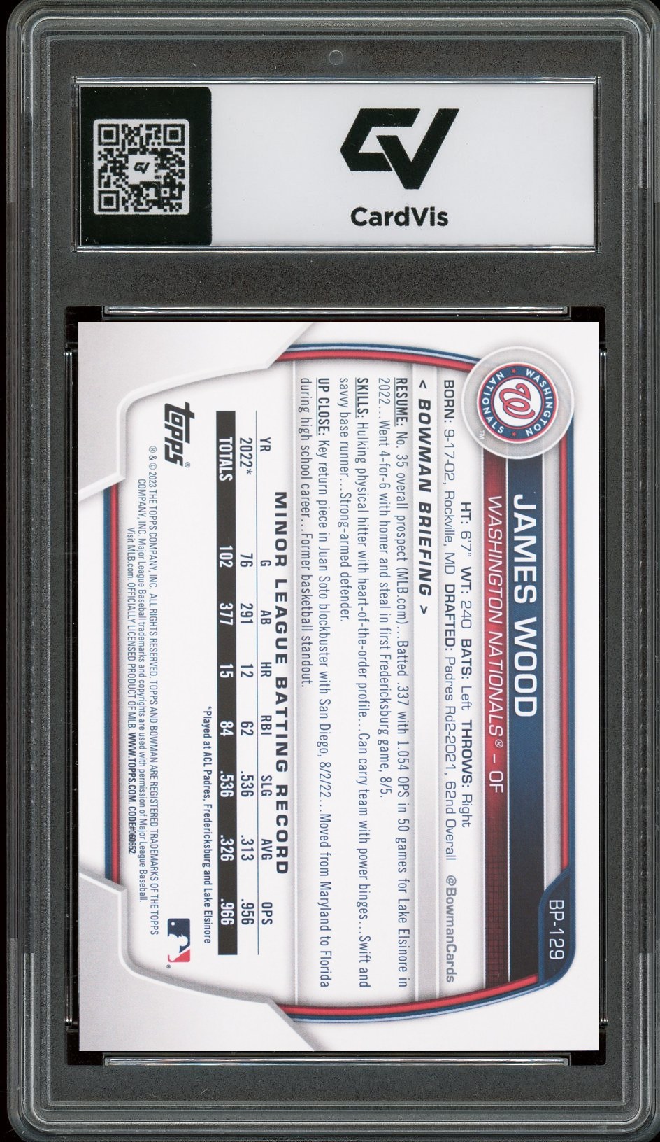 2023 Bowman #BP-129 James Wood Paper Prospects Rookie Card RC Graded 10 Gem Mint - Back