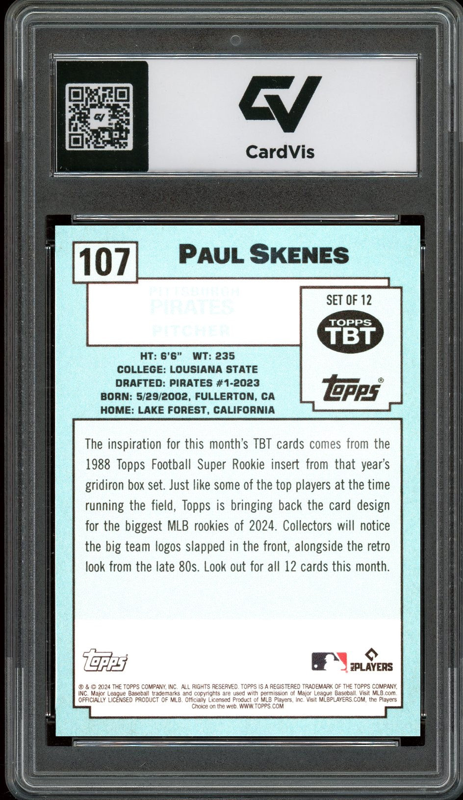 2024 Topps #107 Paul Skenes Throwback Thursday Graded 10 Gem Mint - Back