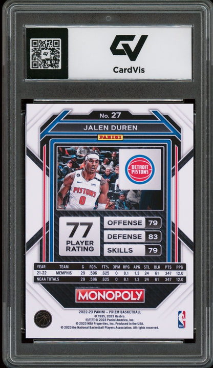 2022 Panini Prizm #27 Jalen Duren Monopoly Rookie Card RC Graded 10 Gem Mint - Back
