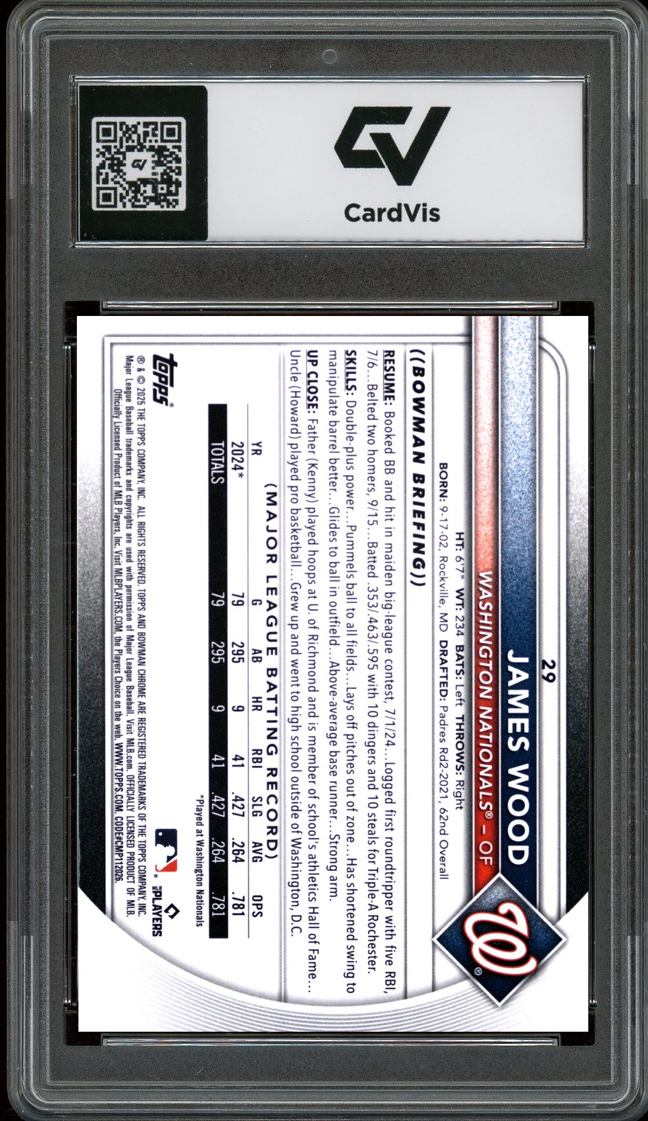 2025 Bowman Chrome #29 James Wood Rookie Card RC Graded 10 Gem Mint - Back