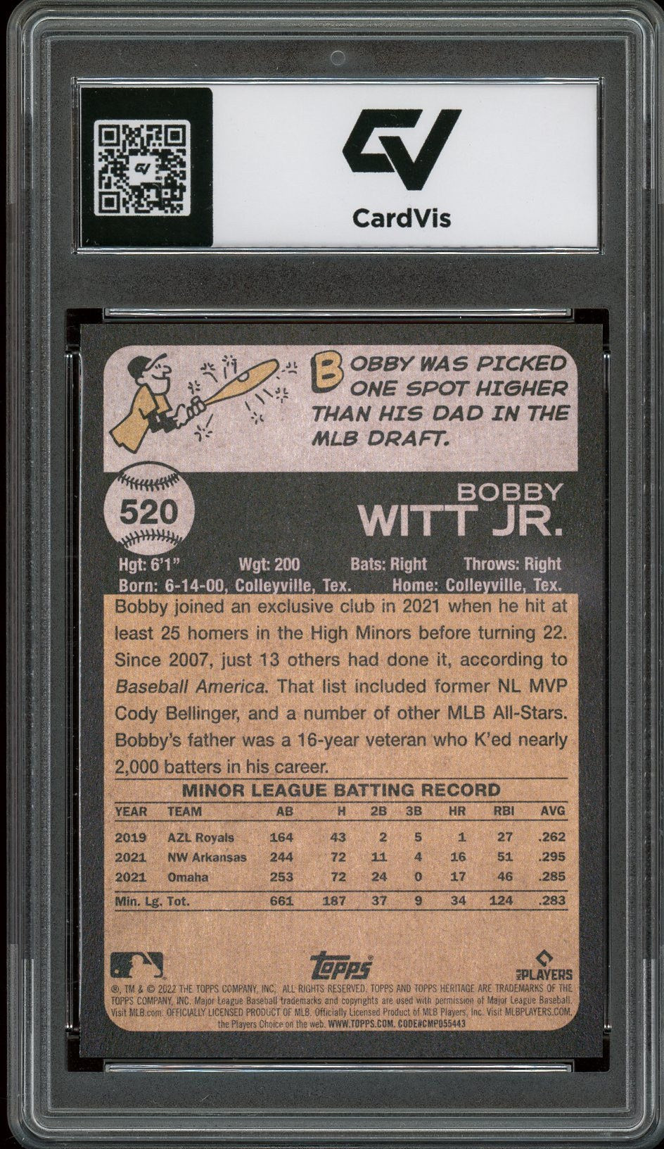 2022 Topps Heritage #520 Bobby Witt Jr. Rookie Card RC Graded 10 Gem Mint - Back