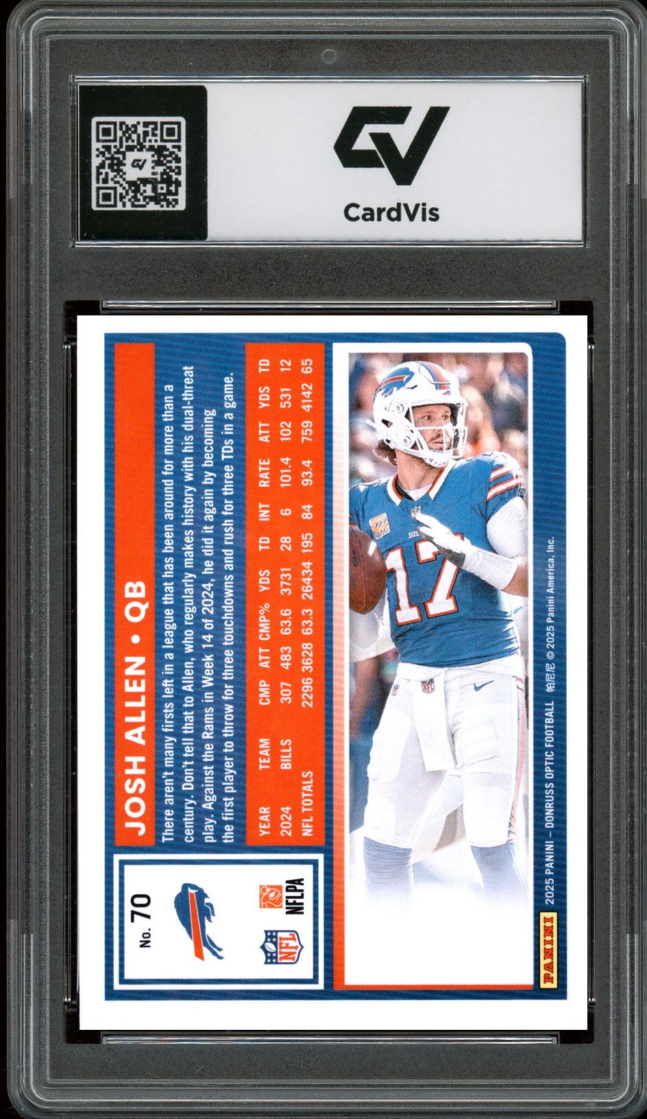 2025 Panini Donruss Optic #70 Josh Allen Graded 10 Gem Mint - Back