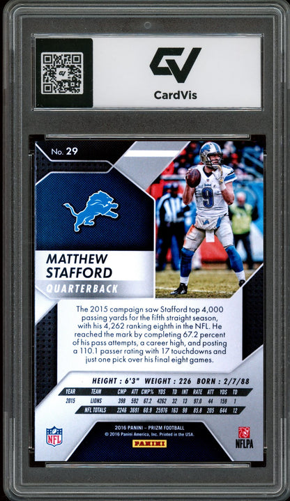 2016 Panini Prizm #29 Matthew Stafford Graded 10 Gem Mint - Back