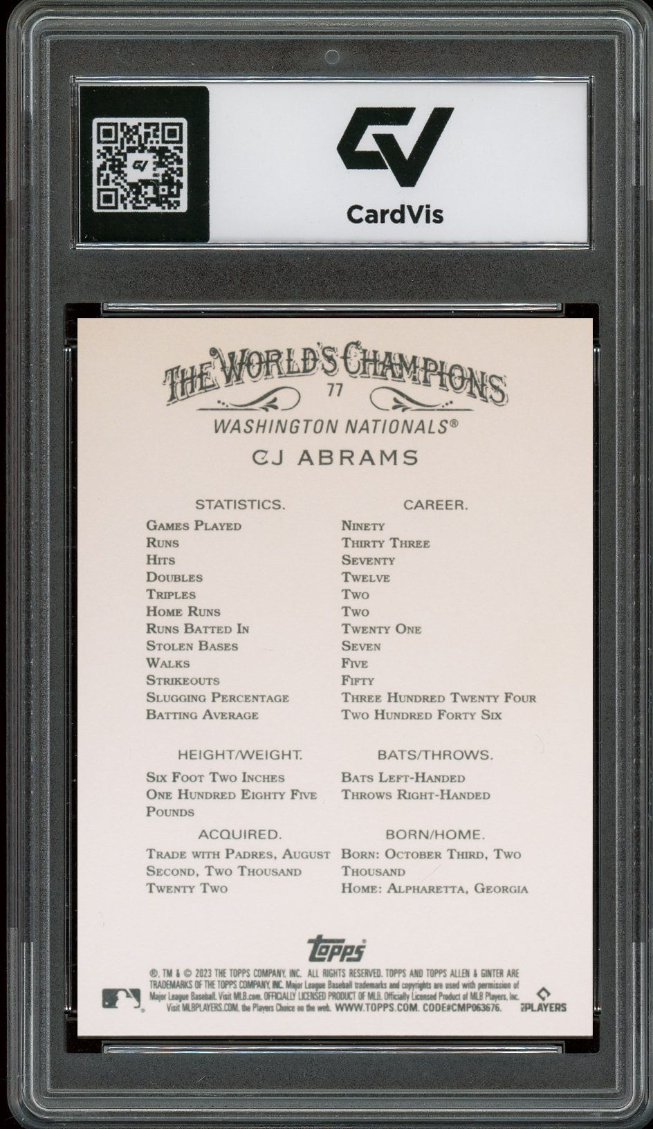 2023 Topps Allen & Ginter #77 CJ Abrams Rookie Card RC Graded 10 Gem Mint - Back