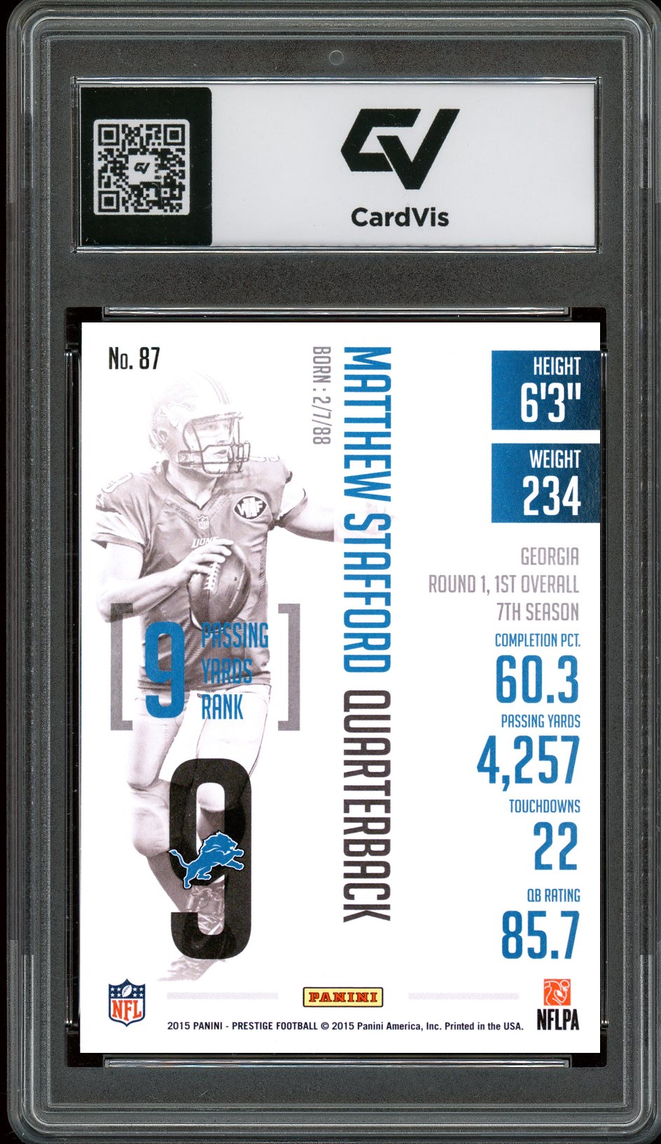 2015 Panini Prestige #87 Matthew Stafford Graded 10 Gem Mint - Back