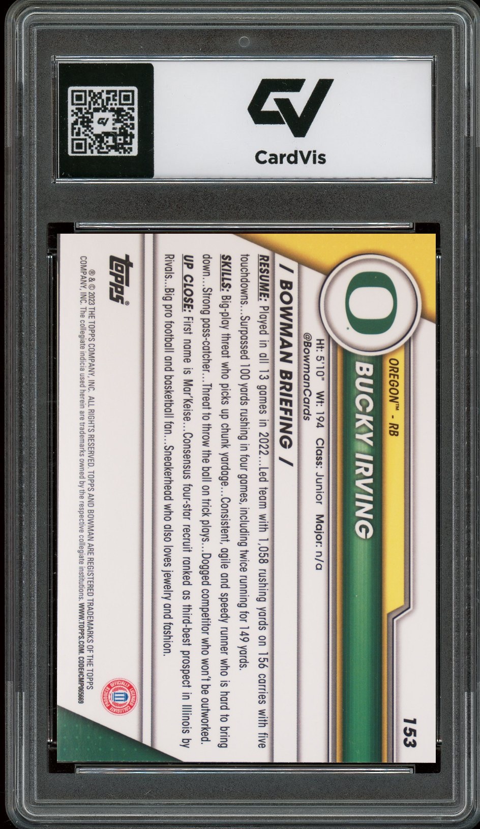 2023 Bowman University Chrome #153 Bucky Irving Rookie Card RC Graded 10 Gem Mint - Back