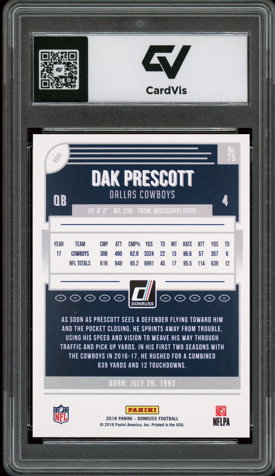2018 Panini Donruss #75 Dak Prescott Graded 10 Gem Mint - Back