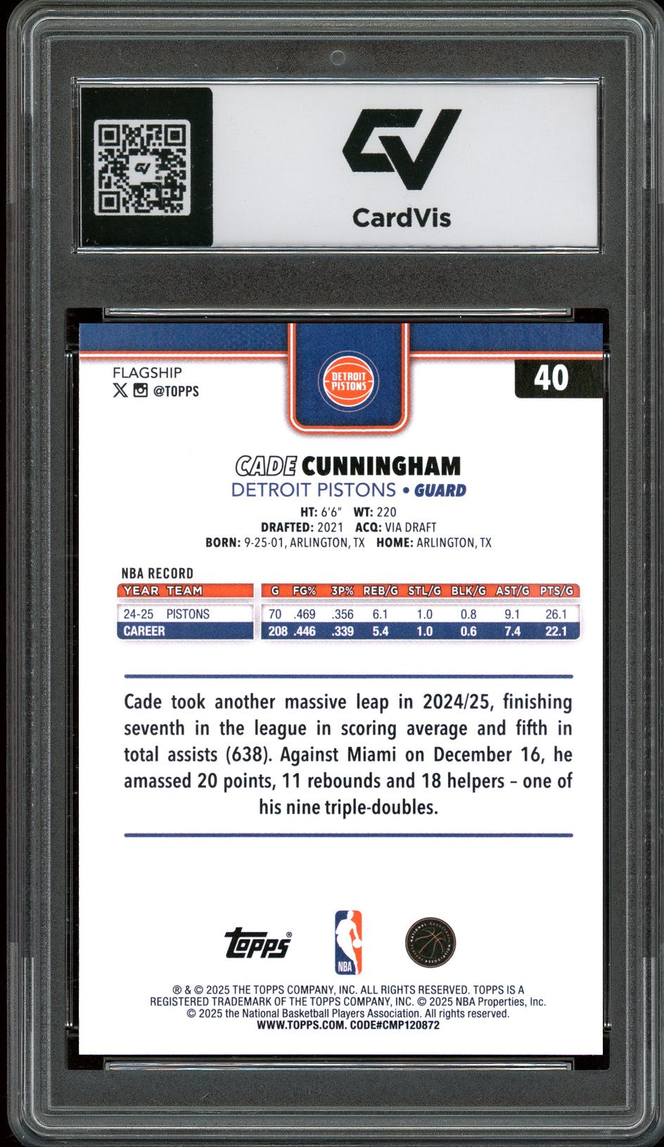 2025 Topps #40 Cade Cunningham Graded 10 Gem Mint - Back