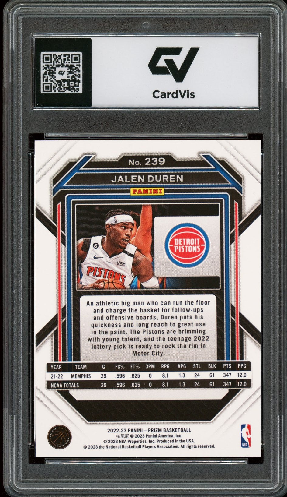 2022 Panini Prizm #239 Jalen Duren Rookie Card RC Graded 10 Gem Mint - Back