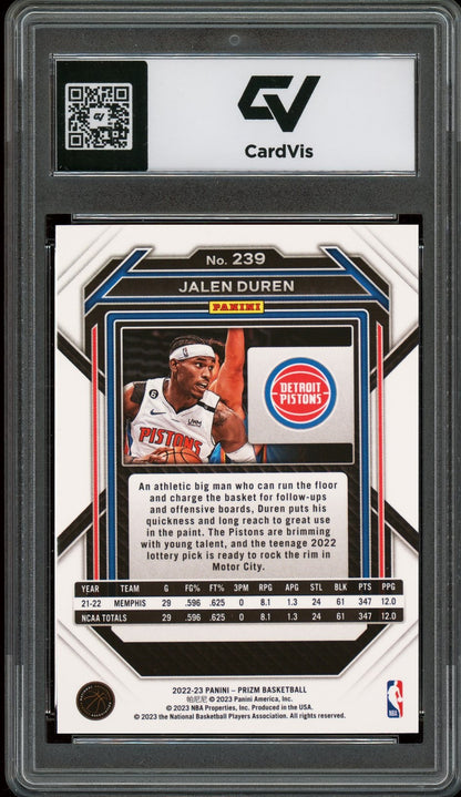 2022 Panini Prizm #239 Jalen Duren Rookie Card RC Graded 10 Gem Mint - Back