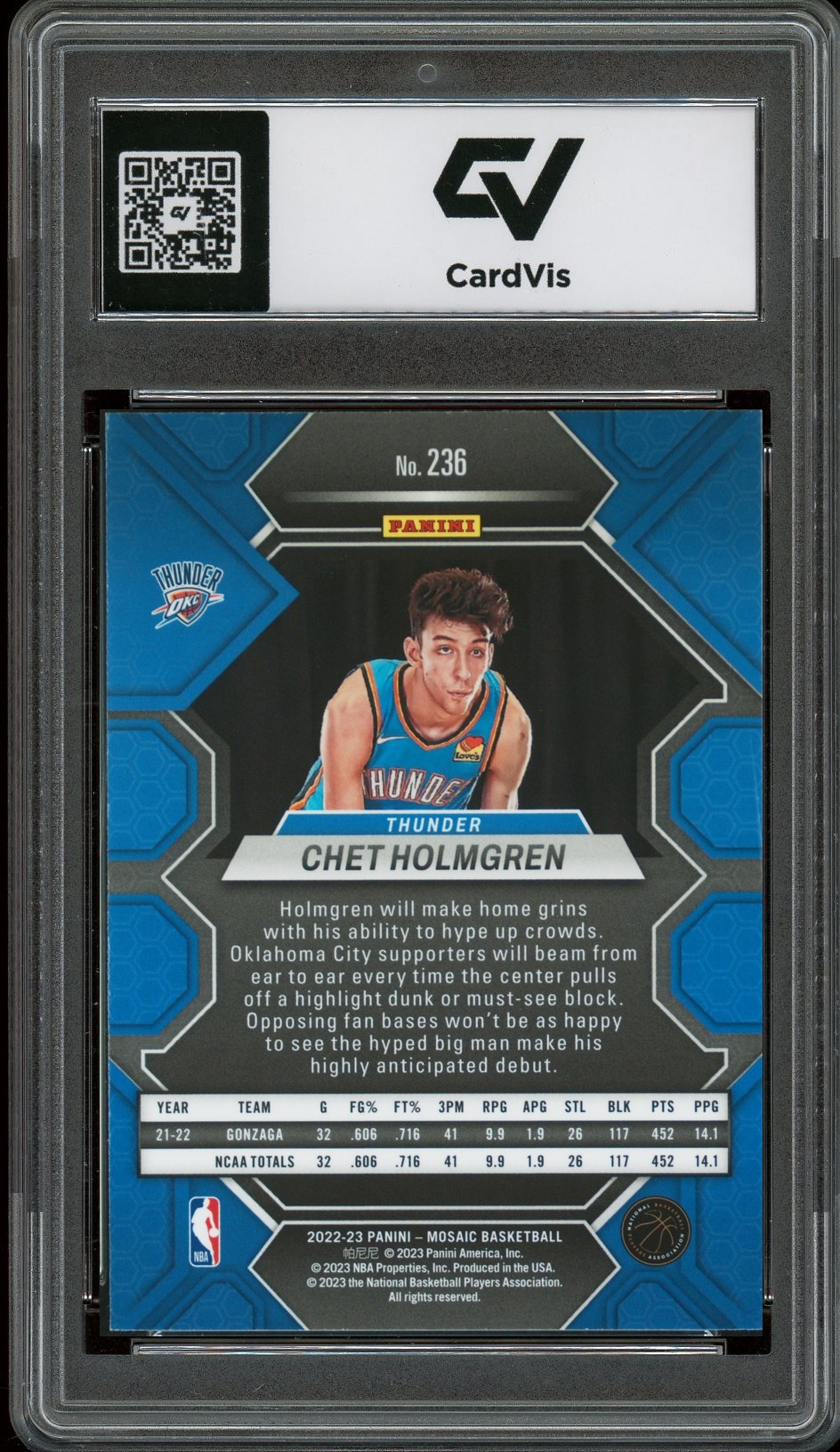 2022 Panini Mosaic #236 Chet Holmgren Rookie Card RC Graded 10 Gem Mint - Back