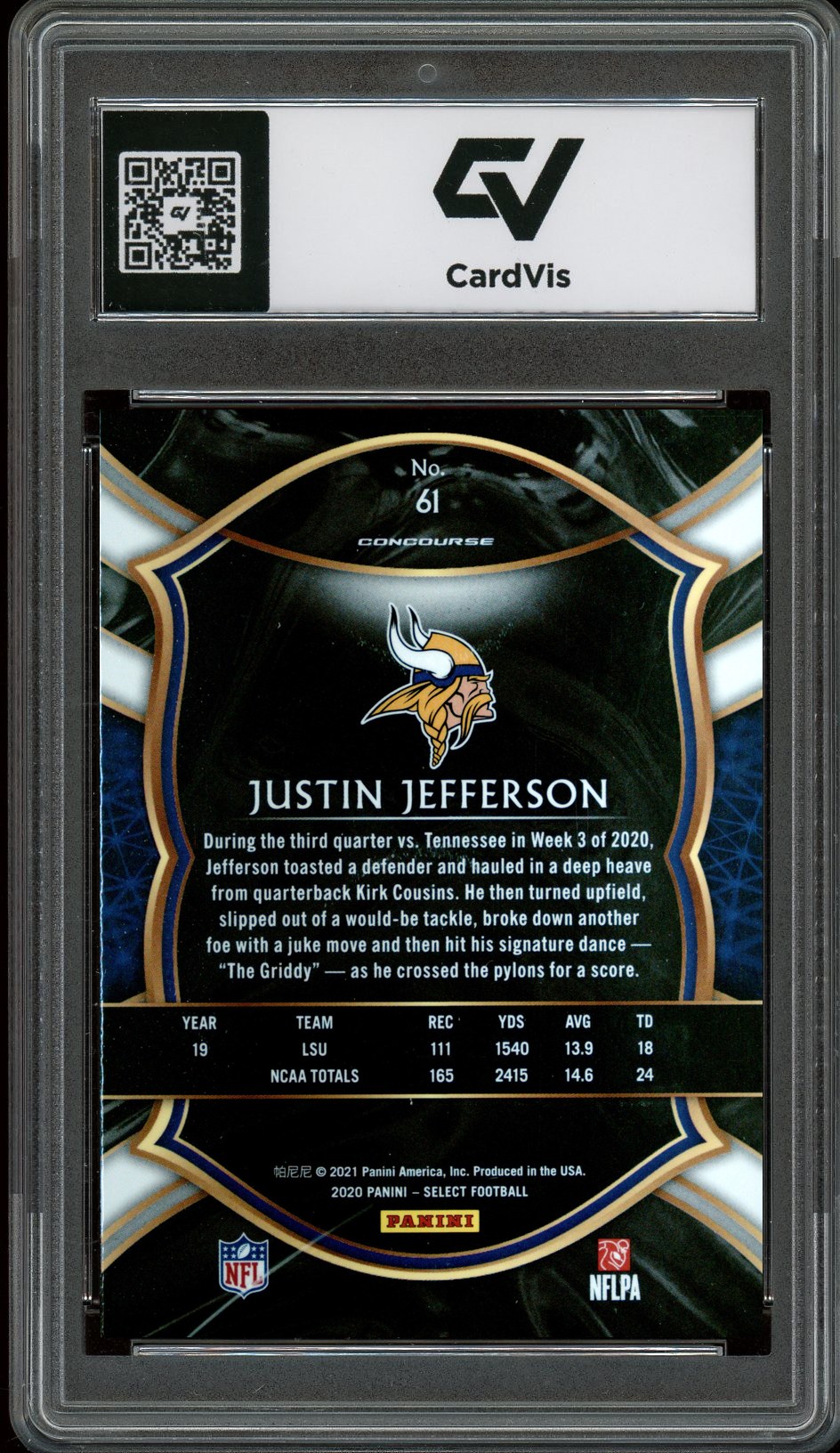 2020 Panini Select #61 Justin Jefferson Rookie Card RC Graded 10 Gem Mint - Back