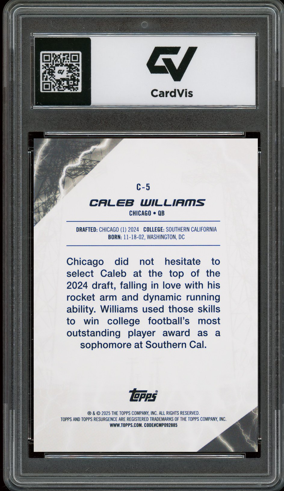 2024 Topps Resurgence #C-5 Caleb Williams Conductors Rookie Card RC Graded 10 Gem Mint - Back
