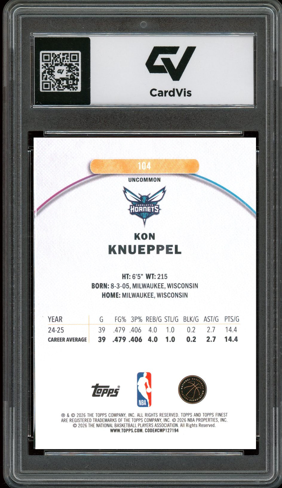 2025 Topps Finest #104 Kon Knueppel Rookie Card RC Graded 10 Gem Mint - Back
