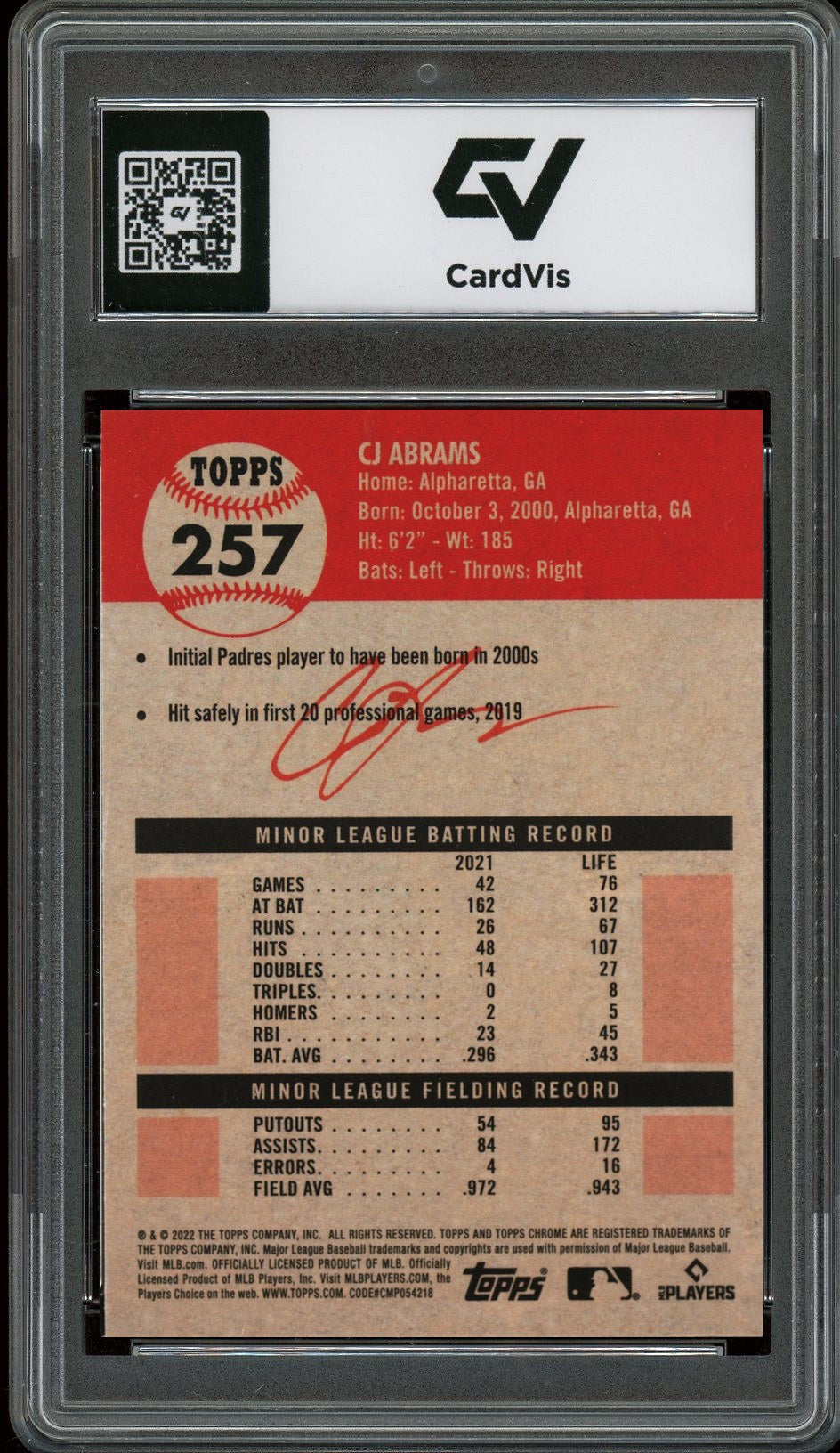 2022 Topps Chrome #257 CJ Abrams Platinum Anniversary Rookie Card RC Graded 10 Gem Mint - Back