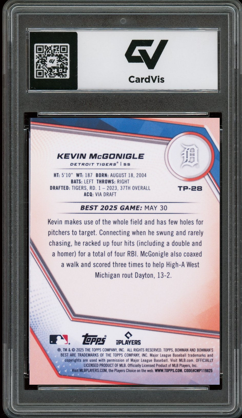 2025 Bowman's Best #TP-28 Kevin McGonigle Top Prospects Graded 10 Gem Mint - Back