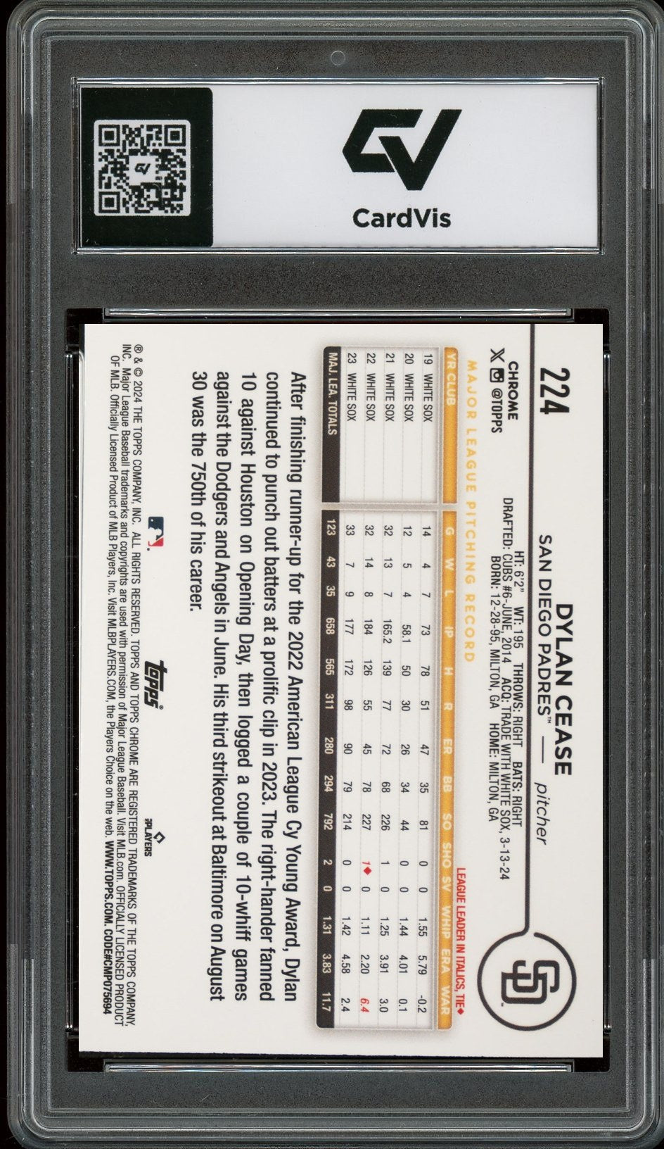 2024 Topps Chrome #224 Dylan Cease Graded 10 Gem Mint - Back