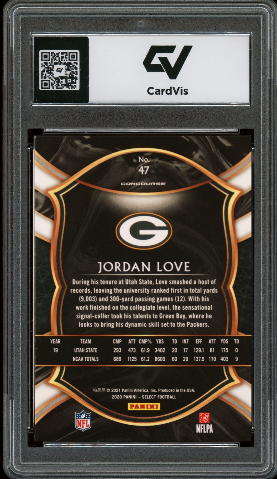 2020 Panini Select #47 Jordan Love Rookie Card RC Graded 10 Gem Mint - Back