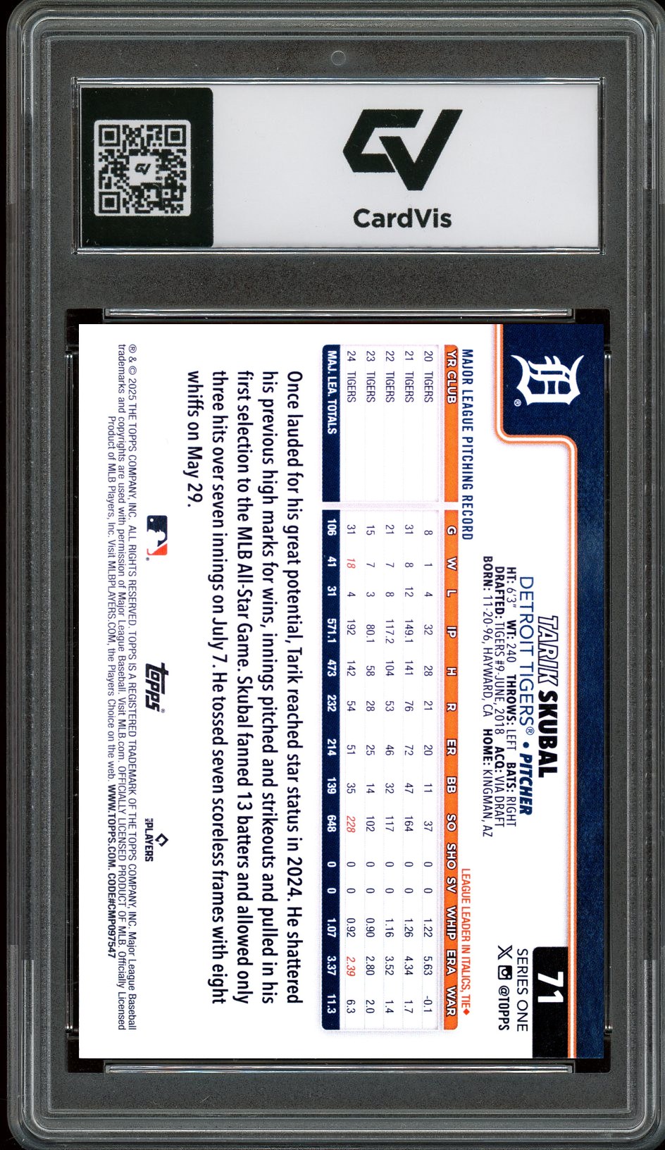 2025 Topps #71 Tarik Skubal Graded 10 Gem Mint - Back