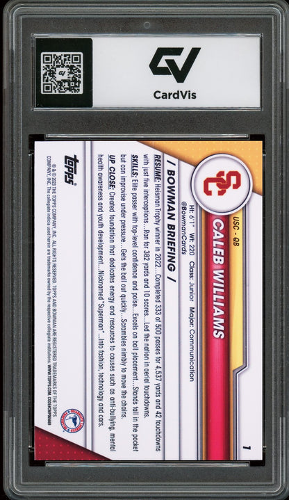 2023 Bowman University Chrome #1 Caleb Williams Rookie Card RC Graded 10 Gem Mint - Back