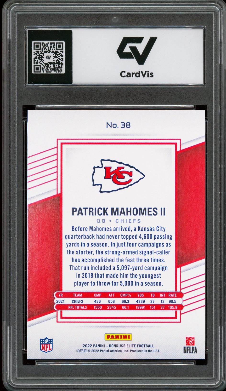 2022 Panini Donruss Elite #38 Patrick Mahomes II Graded 10 Gem Mint - Back