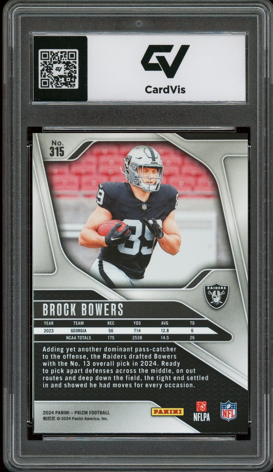 2024 Panini Prizm #315 Brock Bowers Rookie Card RC Graded 10 Gem Mint - Back