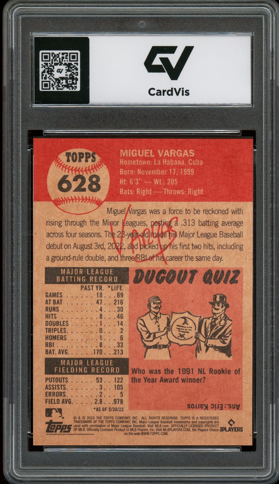 2023 Topps Living #628 Miguel Vargas Rookie Card RC Graded 10 Gem Mint - Back