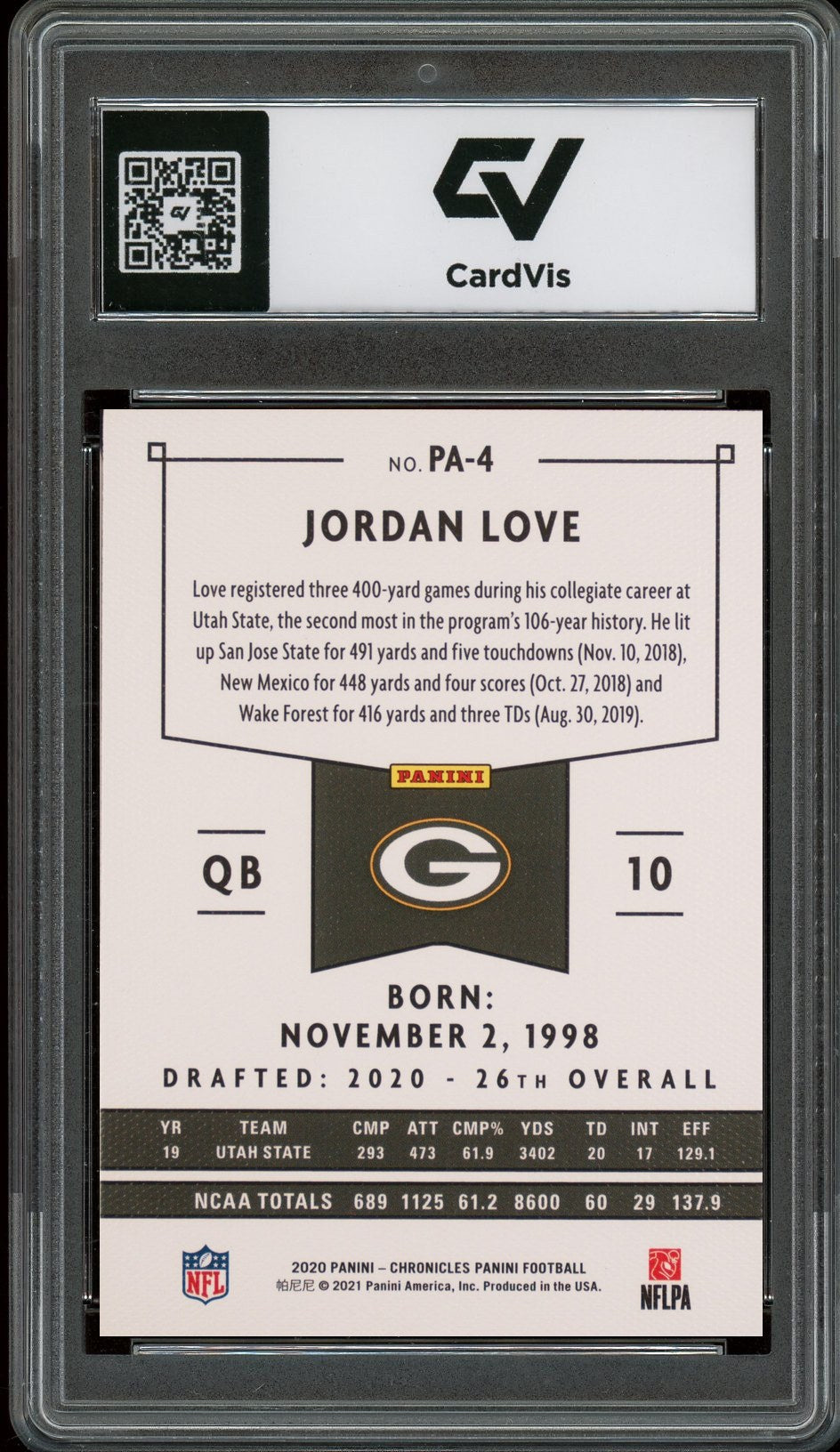 2020 Panini Chronicles #PA-4 Jordan Love Rookie Card RC Graded 10 Gem Mint - Back