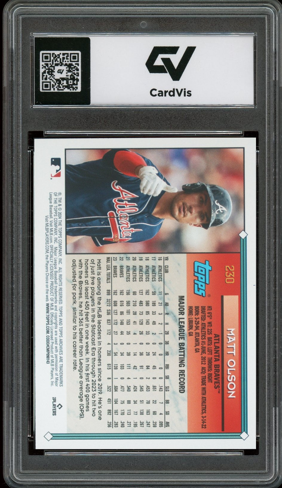 2024 Topps Archives #230 Matt Olson Graded 10 Gem Mint - Back