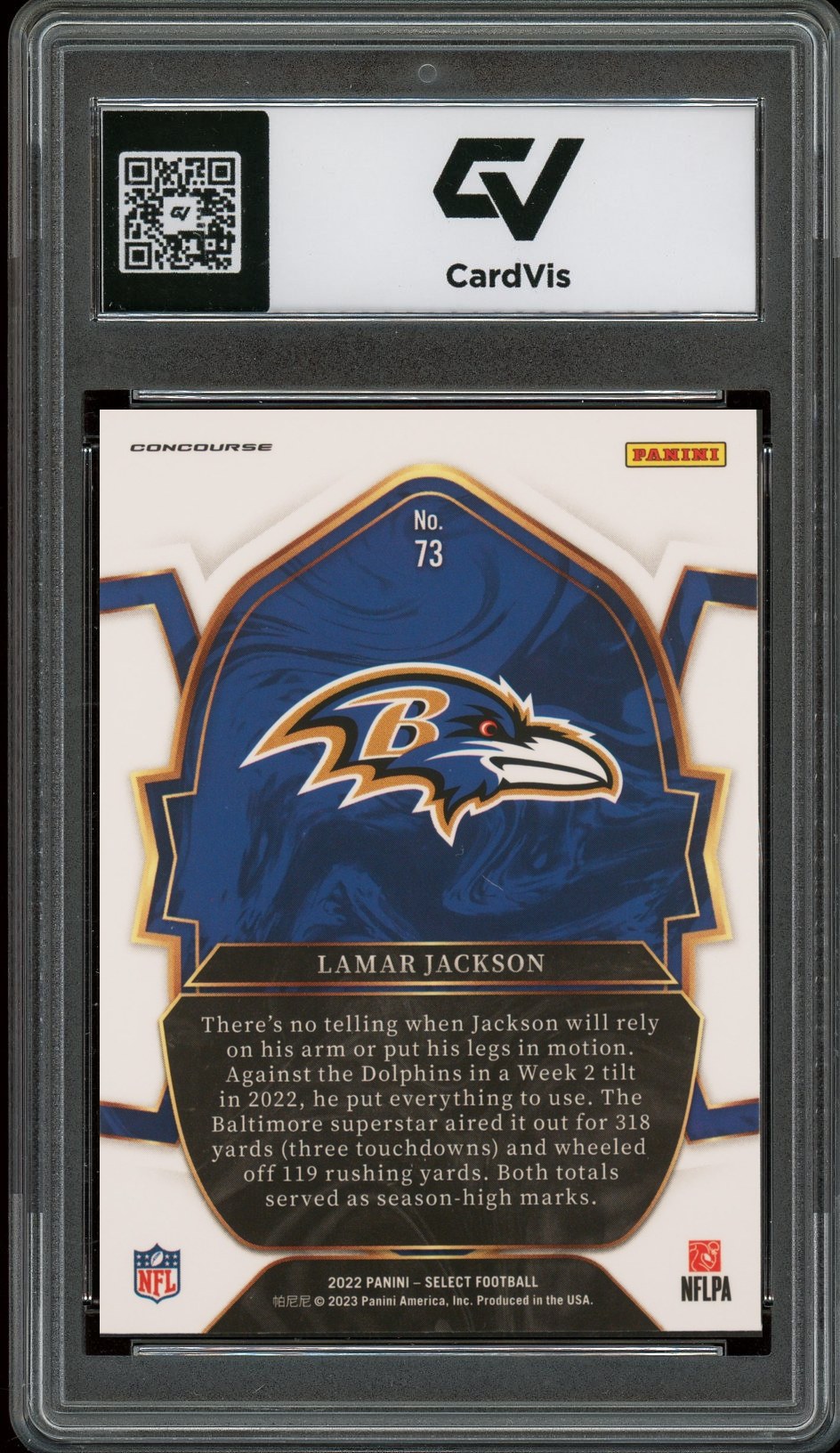 2022 Panini Select #73 Lamar Jackson Graded 10 Gem Mint - Back