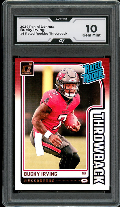 2024 Panini Donruss #6 Bucky Irving Rated Rookies Throwback Rookie Card RC Graded 10 Gem Mint - Front