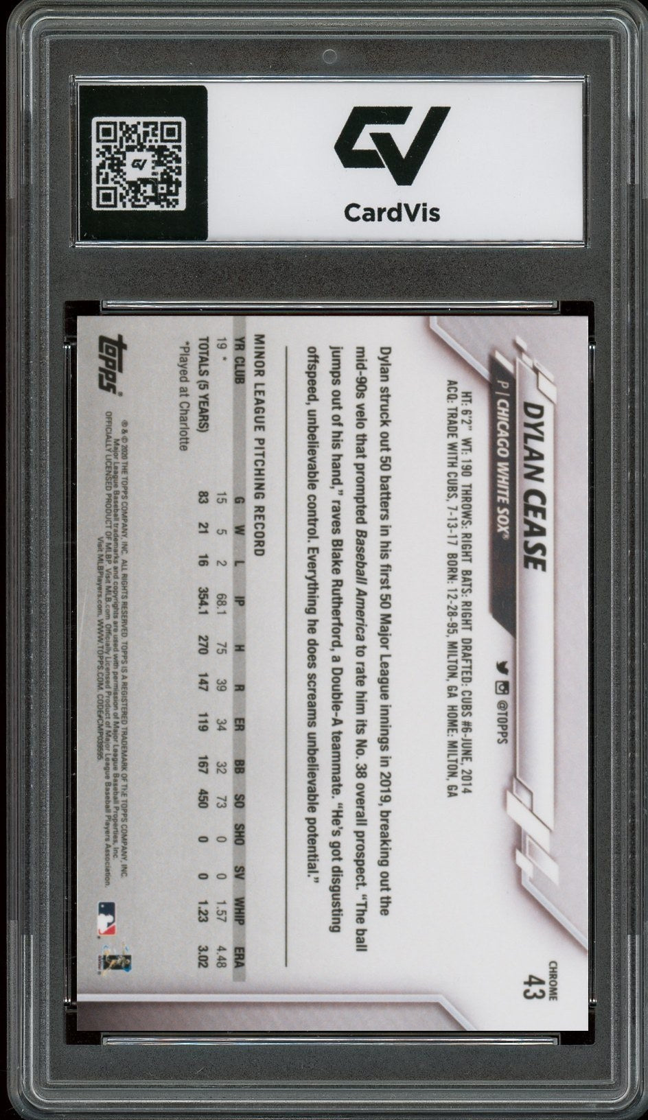 2020 Topps Chrome #43 Dylan Cease Rookie Card RC Graded 10 Gem Mint - Back