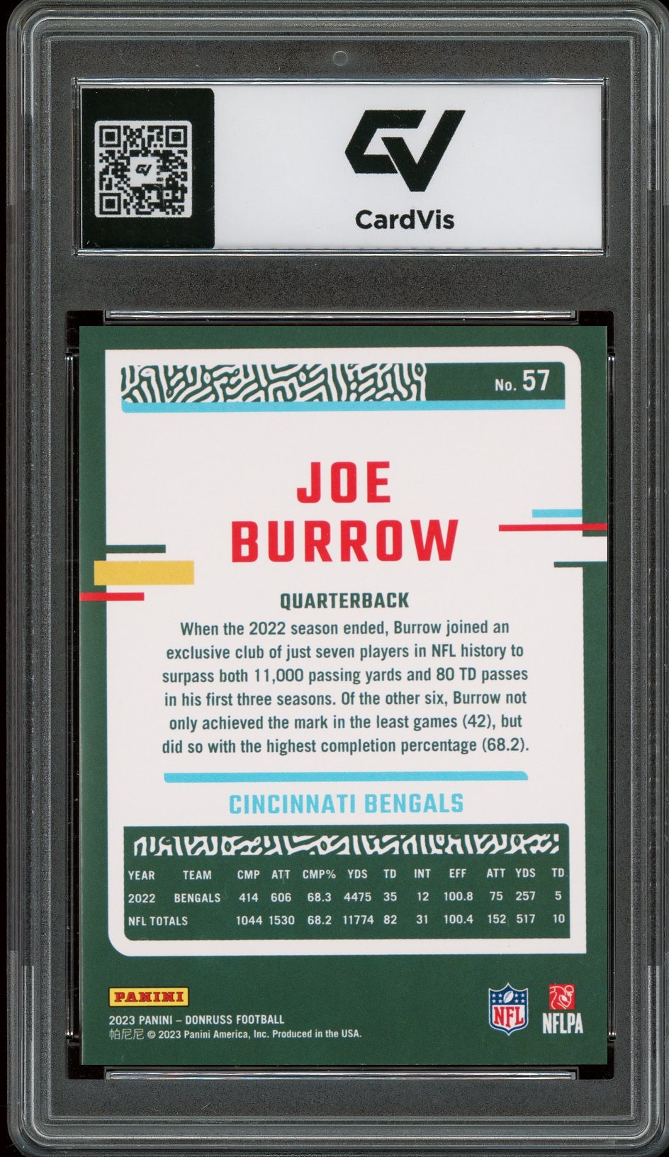 2023 Panini Donruss #57 Joe Burrow Graded 10 Gem Mint - Back